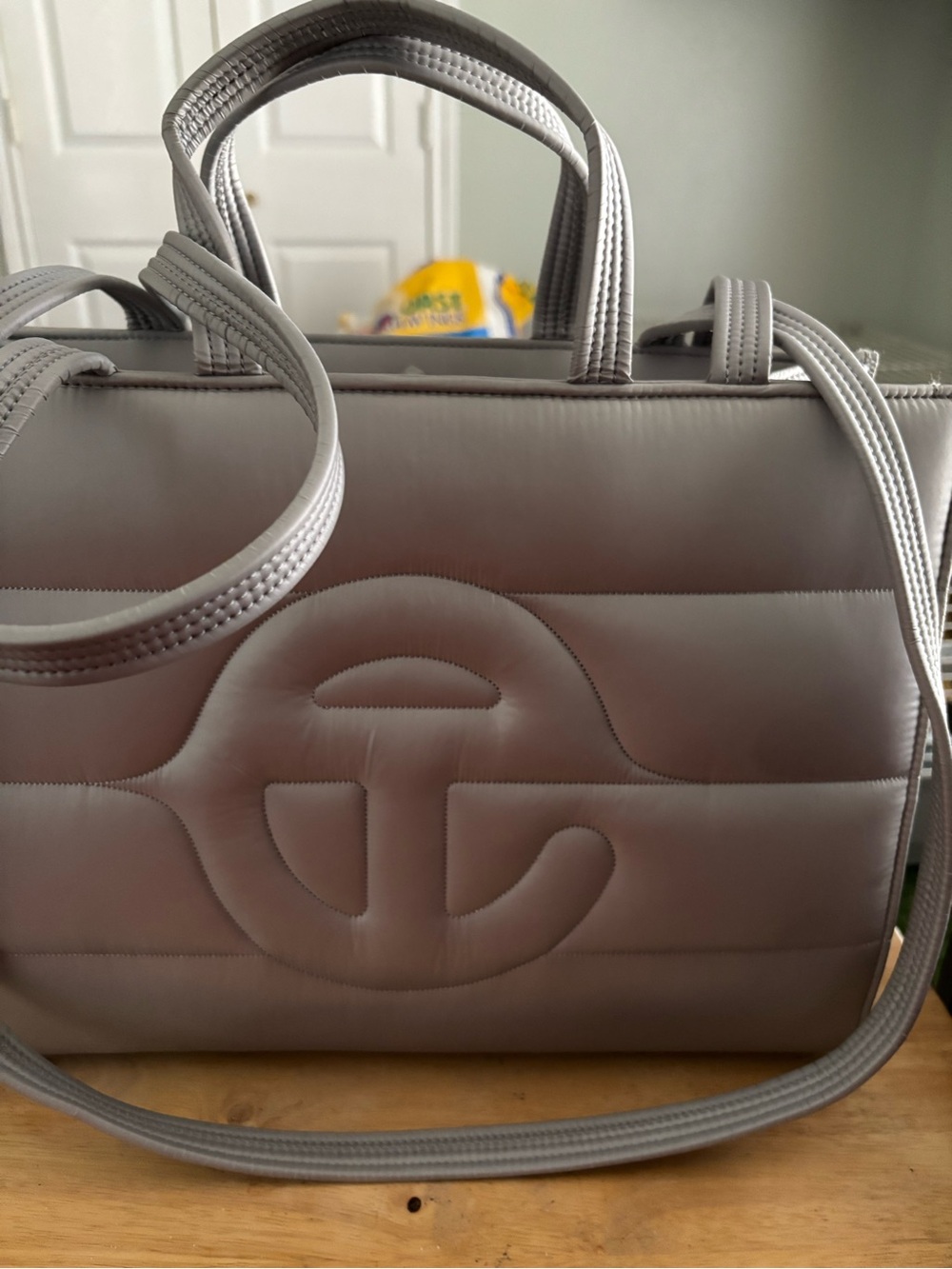 Telfar Quilted Satchel in Light Gray with Embossed Logo